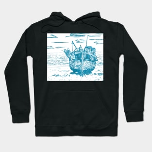 Linoprint Fishing Trawler Hastings Beach Hoodie